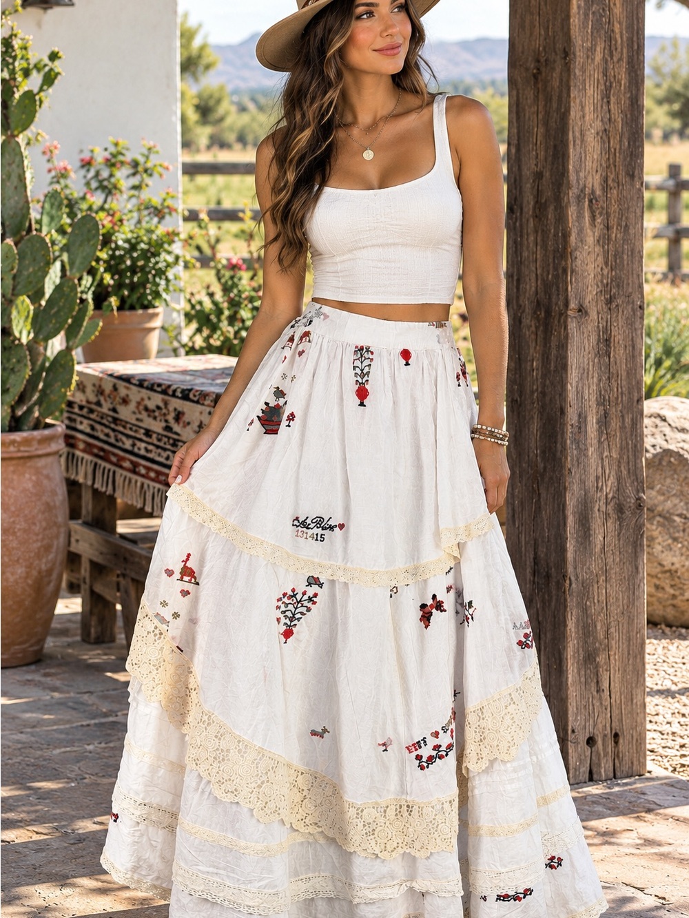 Urban Outfitters White Maxi Skirt with Red Floral Embroidery and Cream Lace